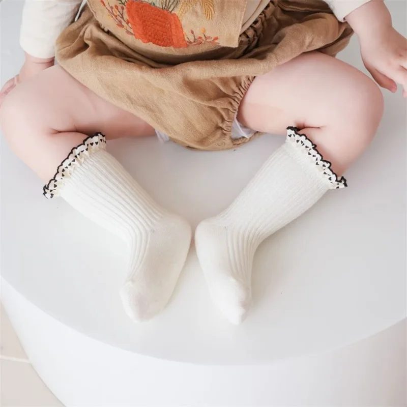 Cute Toddler Lace Trimmed Socks Non-Skid Knee High Socks Soft for Winter Spring Summer Autumn