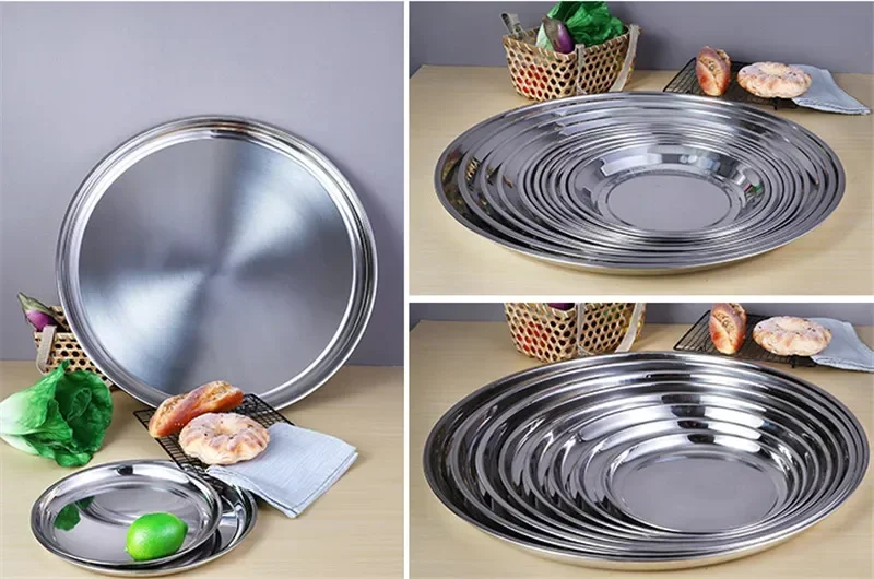 Thick Stainless Steel Plate round Large Disc Flat Bottom Shallow tray Extra Large Fish Head fruite meat Plate Restaurant Hotel