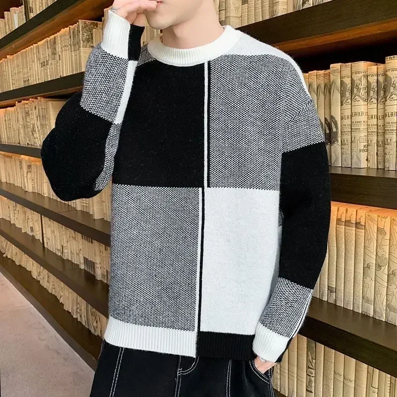 thumbnail image 1 of Suéter de punto para hombre, jersey de retazos a cuadros, ropa para hombre, liso, verde, clásico, cálido, sudadera de gran tamaño, overfit, 1 of 4