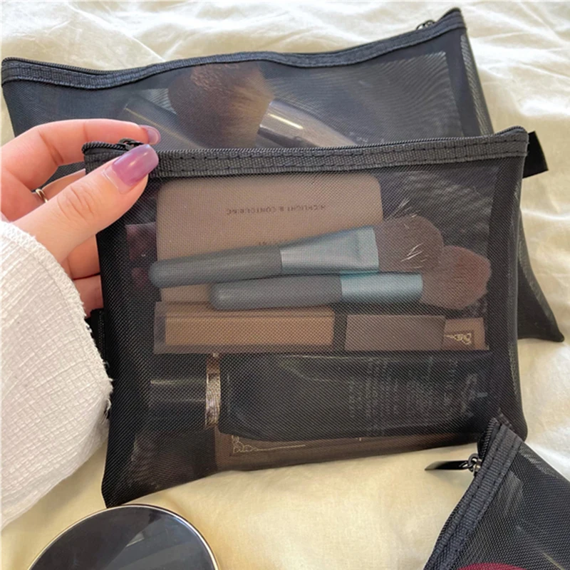

Portable Transparent Mesh Makeup Case Organizer Storage Pouch Casual Zipper Toiletry Wash Bags Make Up Women Travel Cosmetic Bag