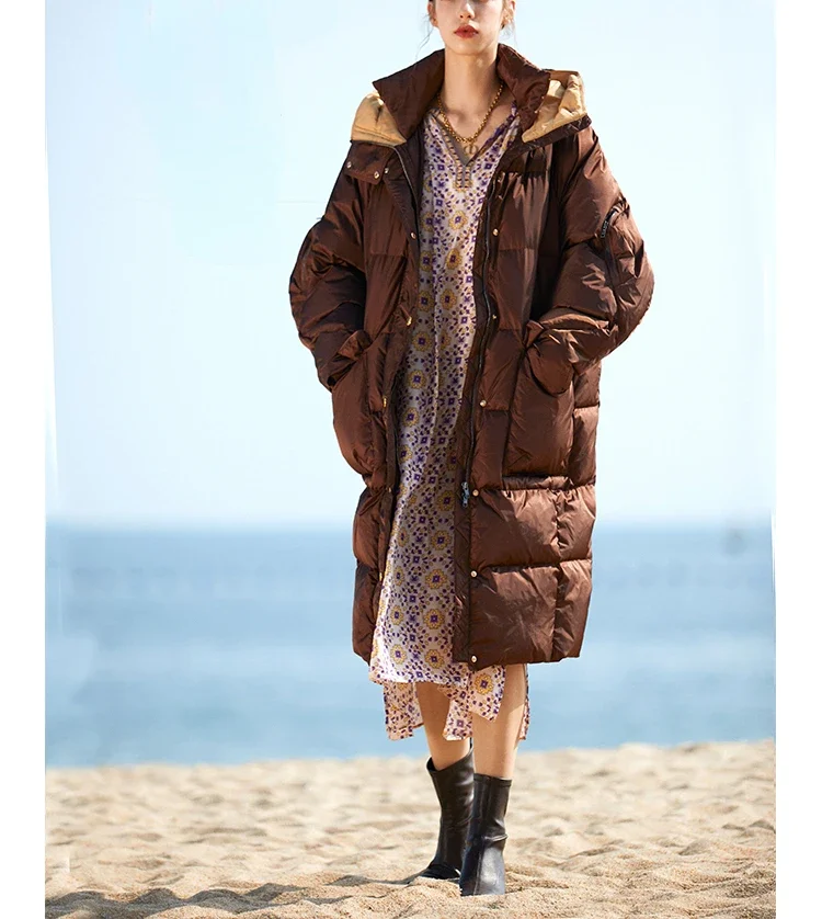 

2023 AW Women's High-quality Luxury White Duck Down Long Down Jacket Thickened Warm Jacket Hooded Prismatic Check Coat
