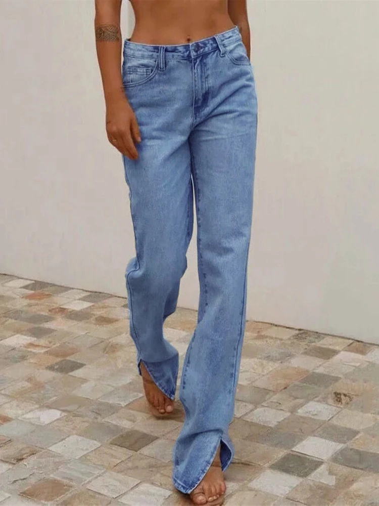 

CamKemsey Chic Side Split Blue Jeans Woman Spring Autumn Casual High Waist 100% Cotton Denim Pants Female Mopping Trousers