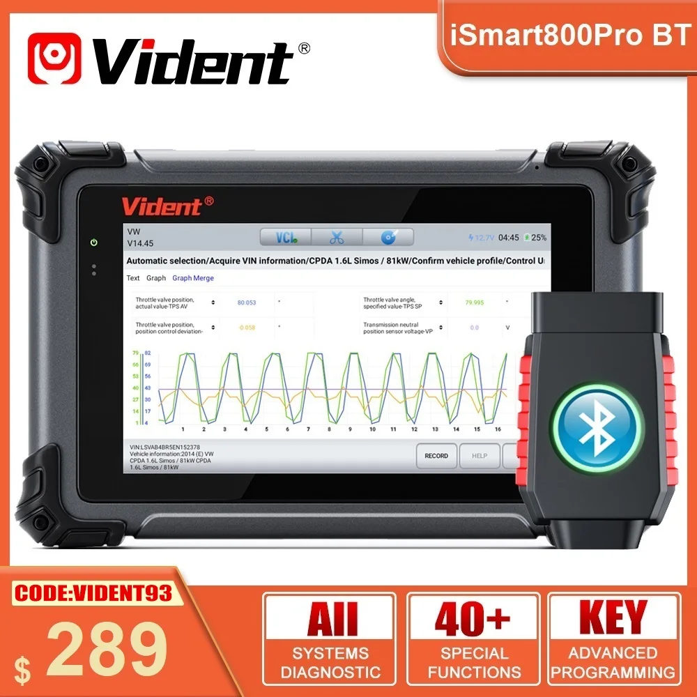 Vident iSmart800Pro BT OBD2 블루투스 자동차 진단 도구, 40 리셋 기능 키 프로그래머, 활성 테스트, 자동 스캔, 온라인 업데이트