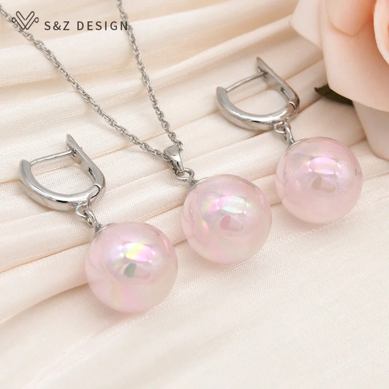 S&Z DESIGN New Fashion 585 Rose Gold Color Round Colorful Bead Drop Earrings Jewelry Sets For Women Wedding Pendant Necklace