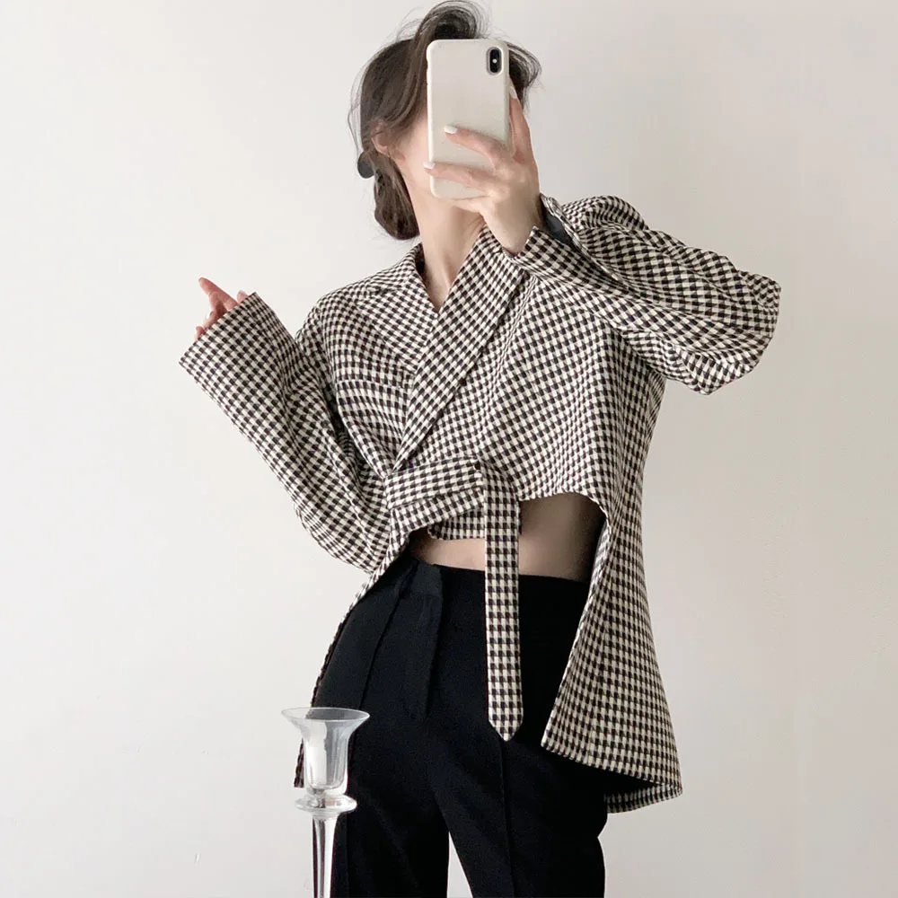 

Vintage Plaid Irregular Jacket 2023 New Spring Autumn Turn-down Collar Blazers Korean Fashion Casual Long Sleeve Women Coat Tops