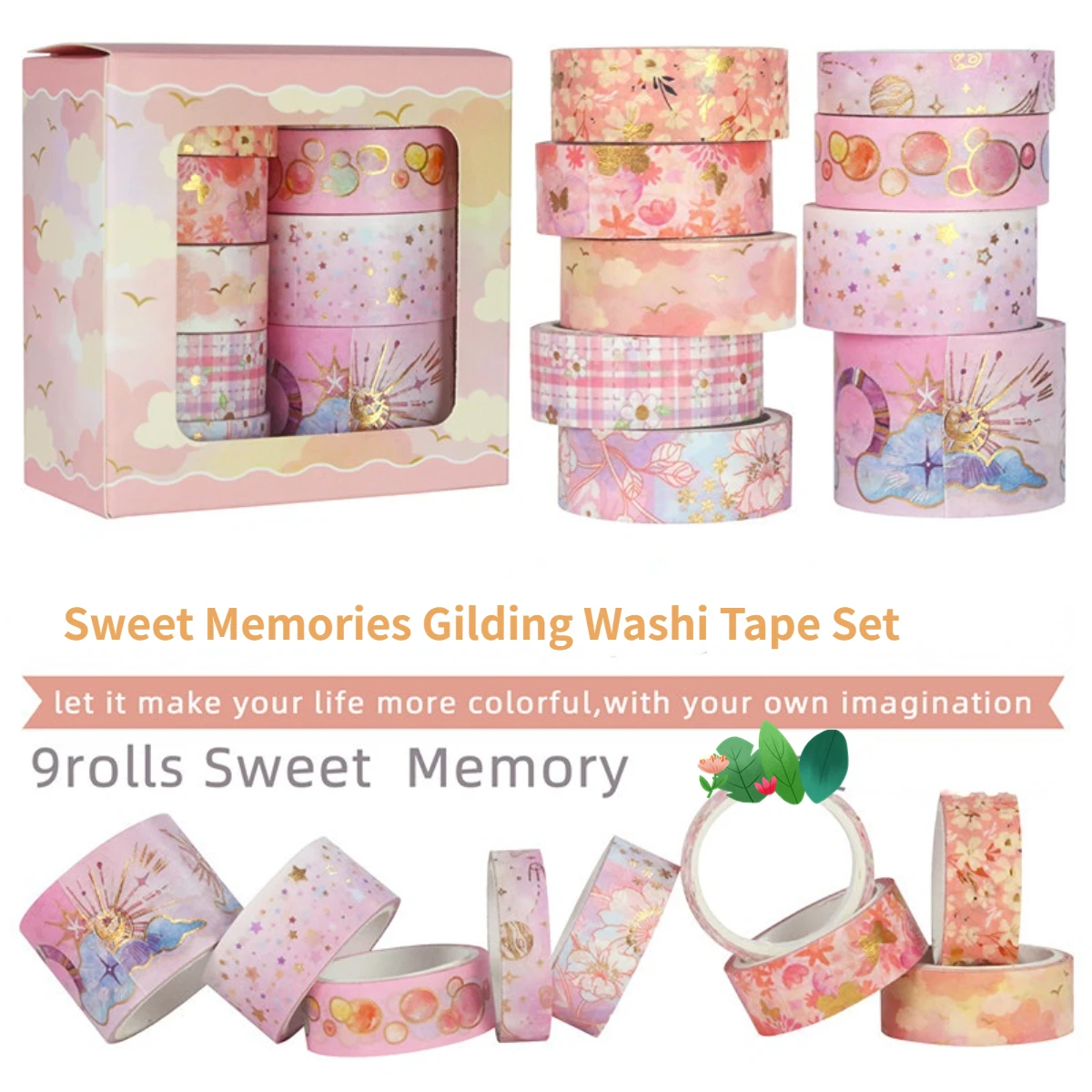 9 pcs/set Sweet Memories Gilding Washi Tape Set Scrapbooking Diy Journal Stationery Deco Art Supplies Masking Tapes Gift 6