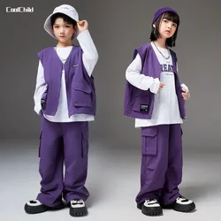 Boys Hip Hop Vest Street Dance Top Caro Pants Purple Clothes Sets Girls Polo Shirt Joggers Children Streetwear Kids Jazz Costume