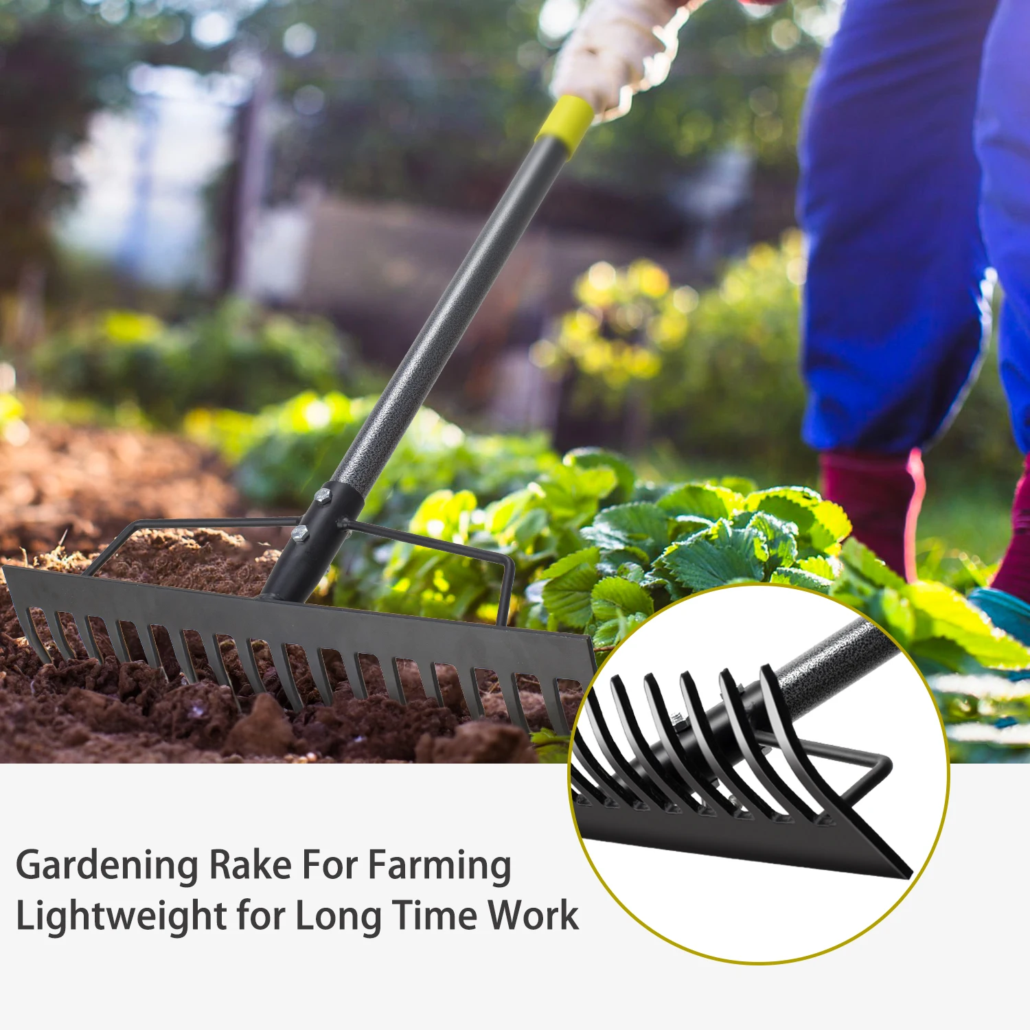 17 Steel Tines Metal Head Rake Tool for Loosening Soil, Bow Rake Heavy Duty Garden Rake, Gathering Leaves, Leveling Lawn 3