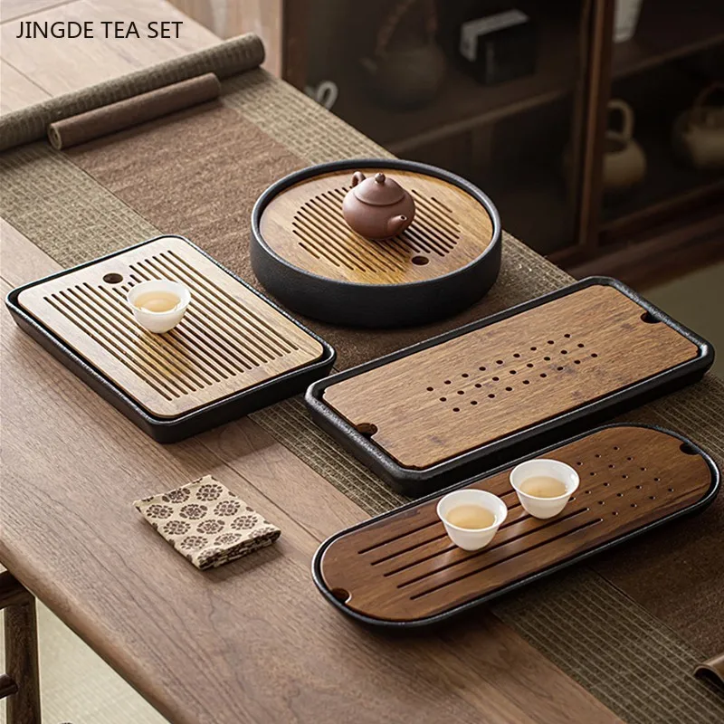 Black Ceramic Tea Tray Bamboo Panel Serving Tray Tea Set Supplies Water Storage Type Tea Table Living Room Trays Decorative