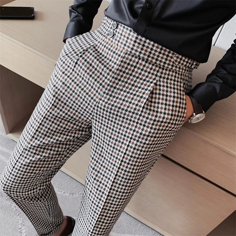 British style plaid Business Dress Pants Men High waisted Office