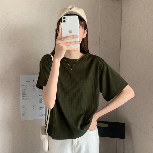 Women's Solid Color Short-sleeved Knitted T-shirt Casual O-Neck all-match Tops Female loose Pullover Tees Shirt Streewear