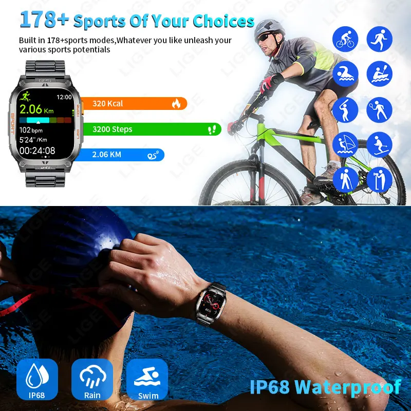 LIGE Outdoor Compass Military Men Sports Smart Watch Bluetooth Call Heart Rate Blood Oxygen Waterproof Flashlight Smart Bracelet