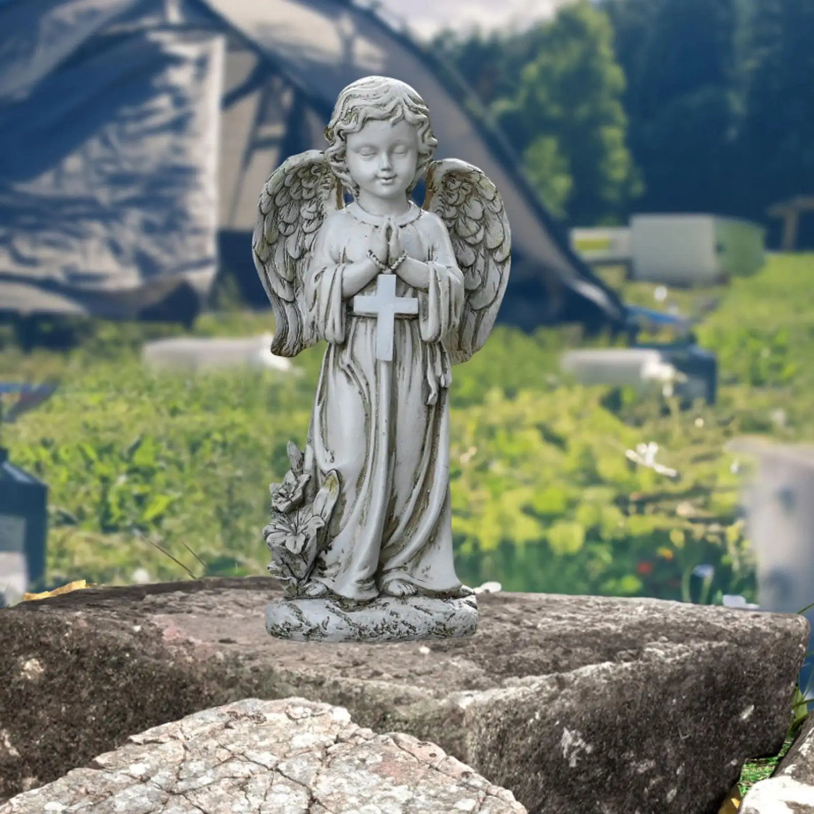 Resin Solar Powered Garden Angel Statue Lawn Ornament Cemetery Decoration