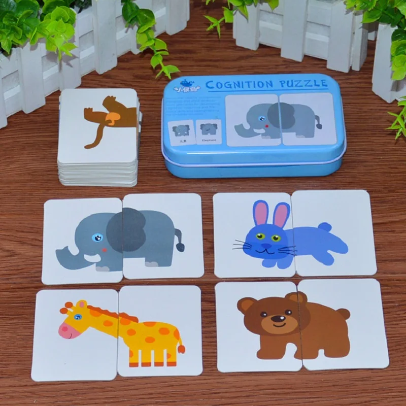 Montessori Puzzle Toy Baby Cognitive Cards Toys Cards Matching Game Kids Car Fruit Animal Life Puzzle Iron Box Learning Toy Gift 5