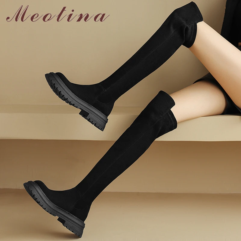 

Meotina Women Over-the-Knee Long Boots Round Toe Thick Mid Heels Platform Gogo Boot Concise Ladies Fashion Shoes Winter Black 42