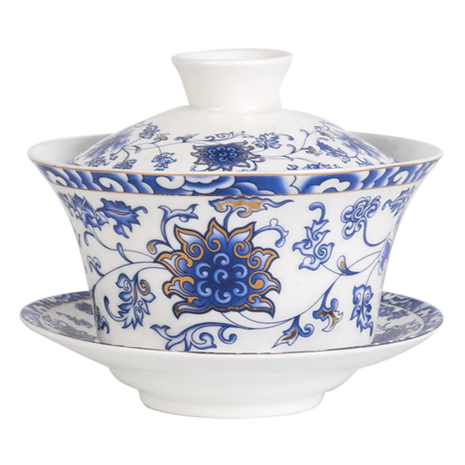 Classic China Tea Bowl Ethnic Style Gorgeous Flower Pattern Cup Saucer Lid Tea Set for Office Brew Fu