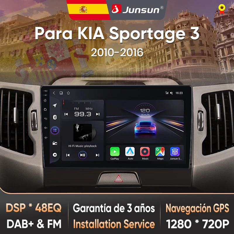 Junsun Autoradio für Kia Sportage 3 2010-2016, kabelloses CarPlay, Android Auto, intelligente Systeme, IPS-Touchscreen, DSP, GPS-Navigation, WLAN, DAB+, RDS, FM/RAM, BT, SWC, Plug-and-Play, 2DIN, WLAN, 4G, Multimedia-Stereoanlage