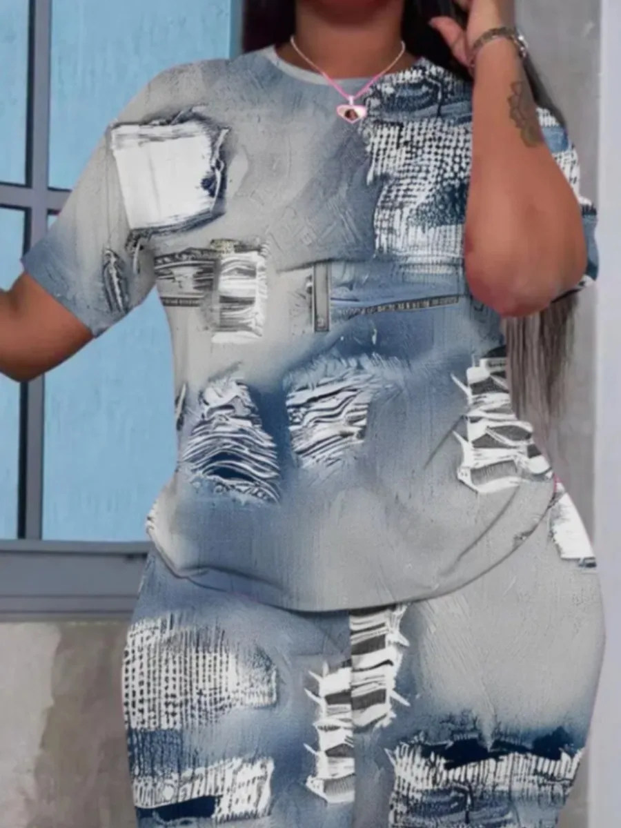 

LW Plus Size shorts sets Imitation Denim Regular Fit Shorts Set summer short sleeve T-shirt top + shorts sets casual Two pieces