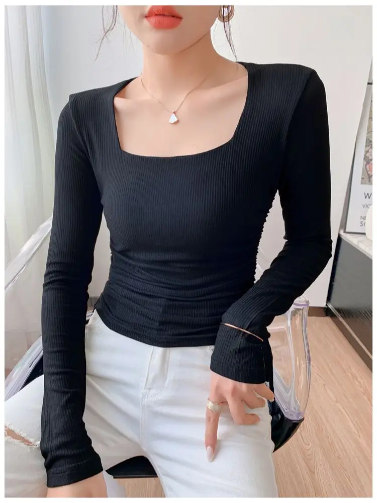 

Spring Cotton T Shirts Girls Square Collar Sided Draw String Black White Tops Woman Simple Tshirt