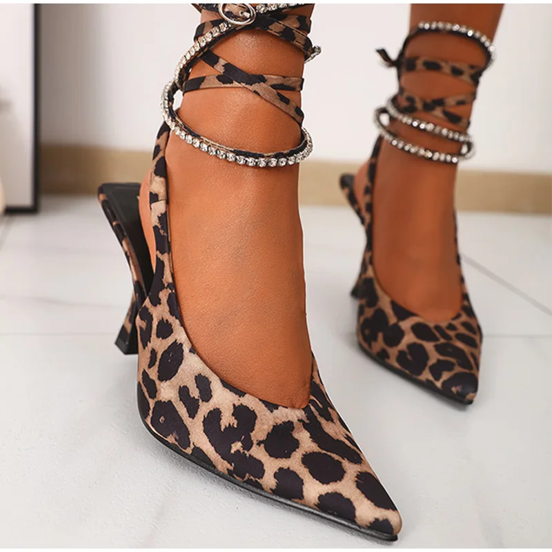 Leopard Sexy Heels Women Sandals Lace-up Pointed Toe Thin High Heels Slingback Lady Ankle Strap Party Shoes Female Mules New