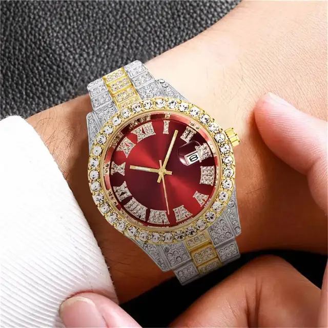 Montre à quartz entièrement en diamant pour homme, bracelet en acier inoxydable, montres-bracelets pour homme, date et calendrier, mode 4