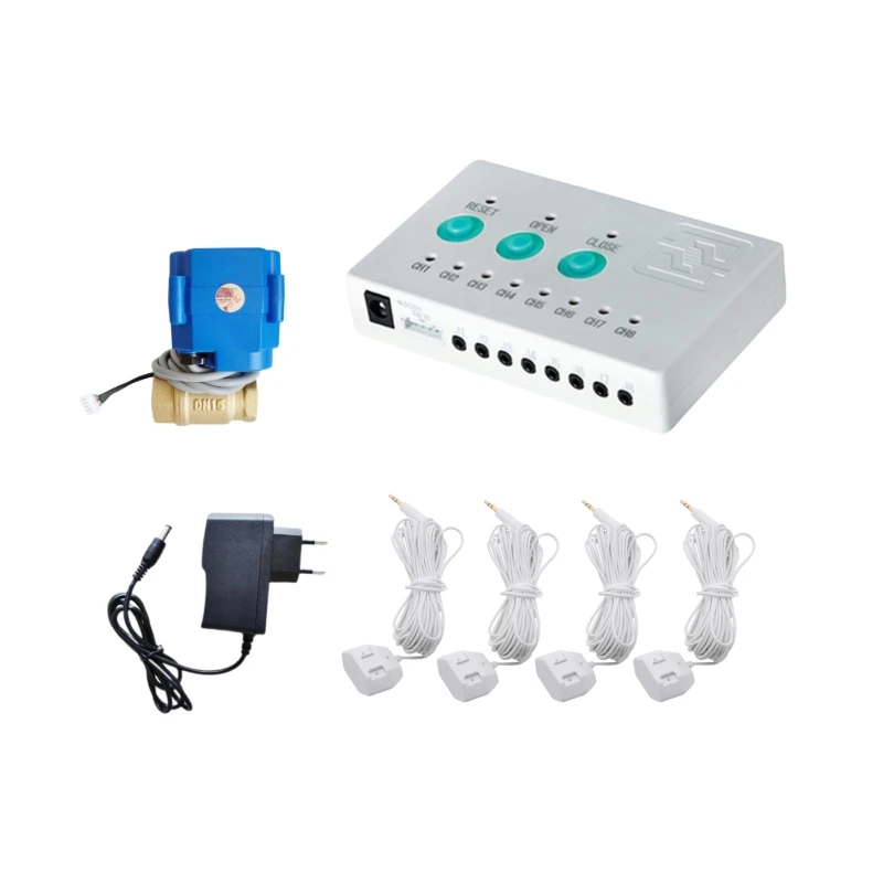 

Water Leakage Sensor Alarm System Anti Overflow Detector Siren Host with 1pc DN15(1/2") Valve Crane 4pcs Leak Sensor Cable