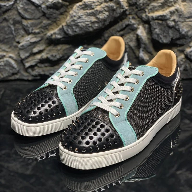 

Luxury Breathable Black Rivets Low Top Red Bottoms Blue Edge Shoes For Men's Casual Flats Loafers Women's Spikes Summer Sneakers