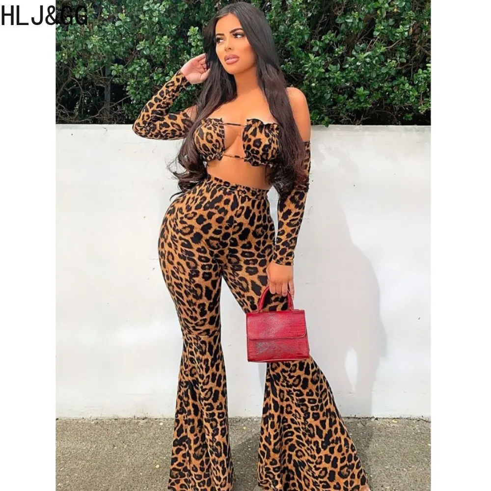 HLJ&GG Sexy Leopard Print Flared Pants Sets Women Off Shoulder Hollow Long Sleeve Crop Top And Pants Two Piece Outfit Streetwear