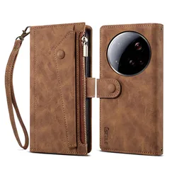 Ultra Multifunctional Zipper Wallet Leather Case - Retro Magnetic Design with 6 Card Slots - Mi 15 Ultra (Brown)