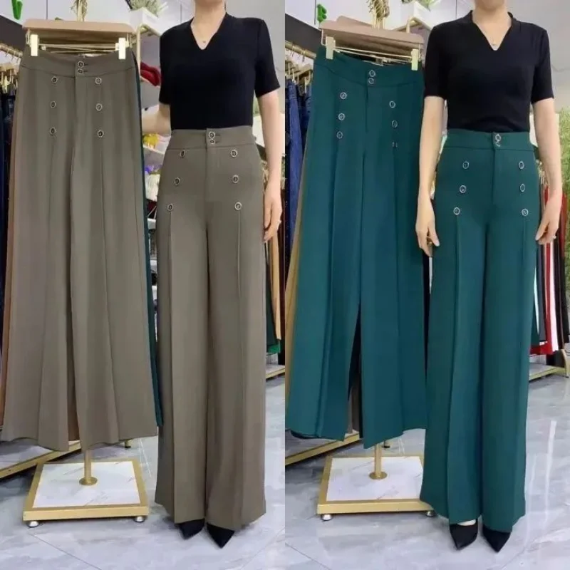 Summer New Double Breasted High Waist Elastic Wide Leg Pants Women Solid Fashion Simple Breathable Thin Loose Straight Trousers