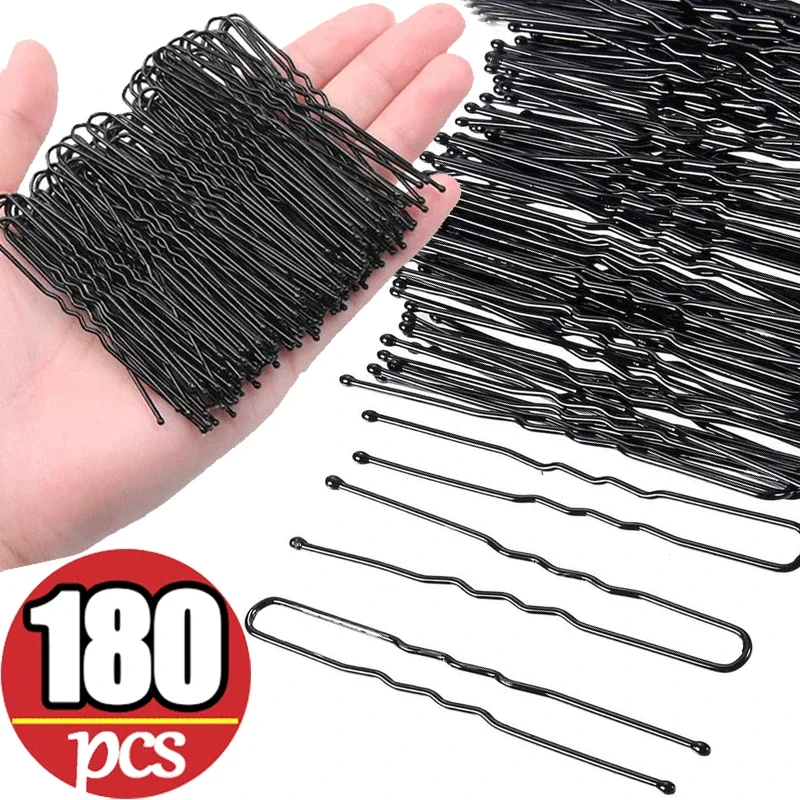 60/180Pcs New Women Hair Waved U-Shaped Bobby Pin Barrette Salon Grip Clip Bridal Hairpins Black Metal Hair Accessories For Bun