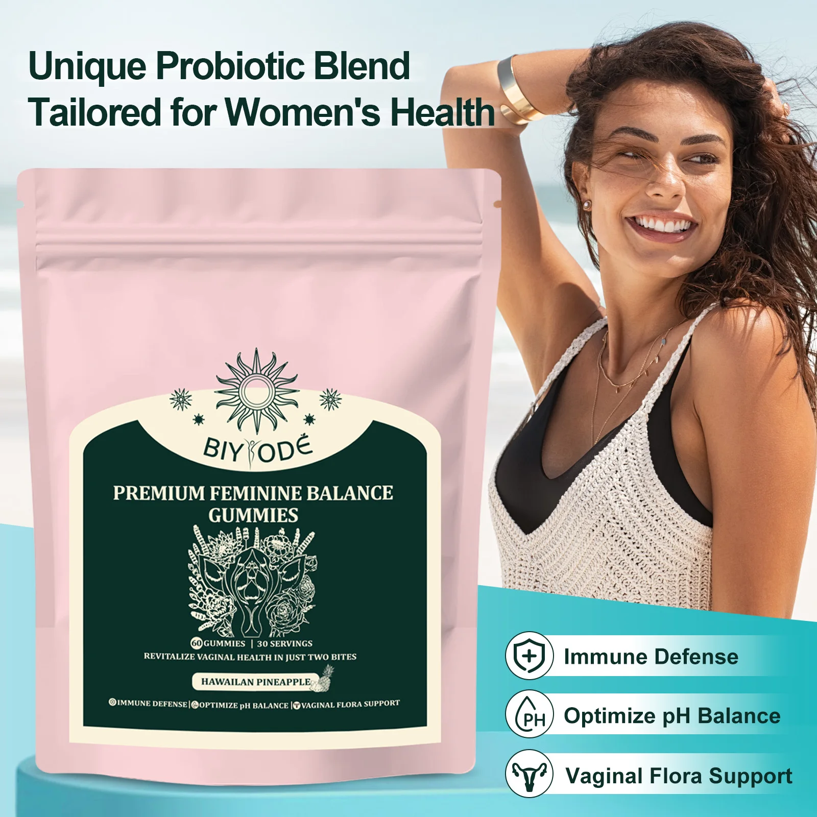BIYODE Feminine Balance Gummies Ph Maintain Vaginal Ph Balance Healthy Vaginal Flora &Yeast 60pcs women probiotic supplement