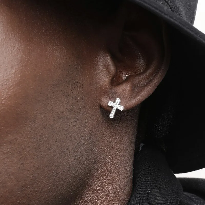 Silver Color Shiny Zircon Cross Stud Earrings for Women Men Punk Rock Style Earring Hiphop Ear Jewelry