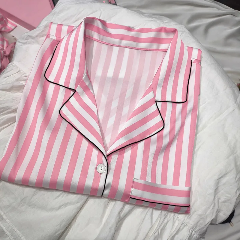 Women Pajamas Set Women Pajama Suit 2 PCS Women's Pajamas Set Sleepwear Summer Short Sleeve Tops and Shorts Faux Silk Satin Soft Striped Printing