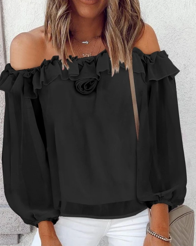 

Top Women 2024 Spring Fashion Rose Detail Ruffle Hem Off Shoulder Casual Plain Long Sleeve Daily Top Y2K Clothes