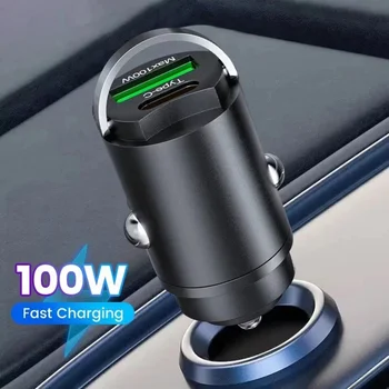 100W Dual Port Car Mini USB Charger Fast Charging QC 3.0 Cigarette Lighter Socket 12-24V Mobile Phone Car Charger Type C Adapter