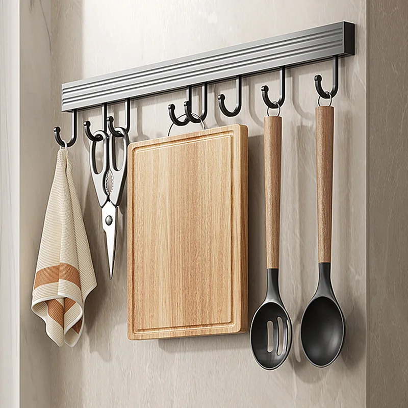 Kitchen Storage Rack Adhesive Shelves Wall Mounted with Movable Hook Spoon Shovel Holder Organizer Kitchen Utensil Accessories