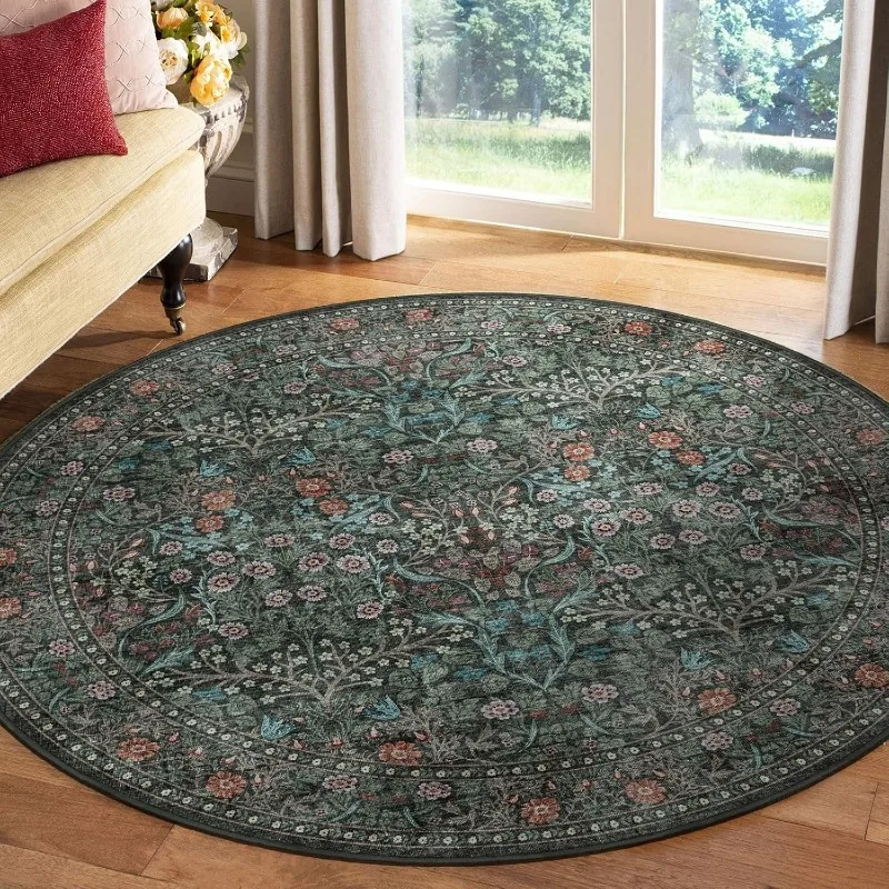 Carpet for Living Room Round Floral Print Bedroom Bedside Rugs Vintage Machine Washable Non-slip Coffee Table Floor Mat Tapis 러그