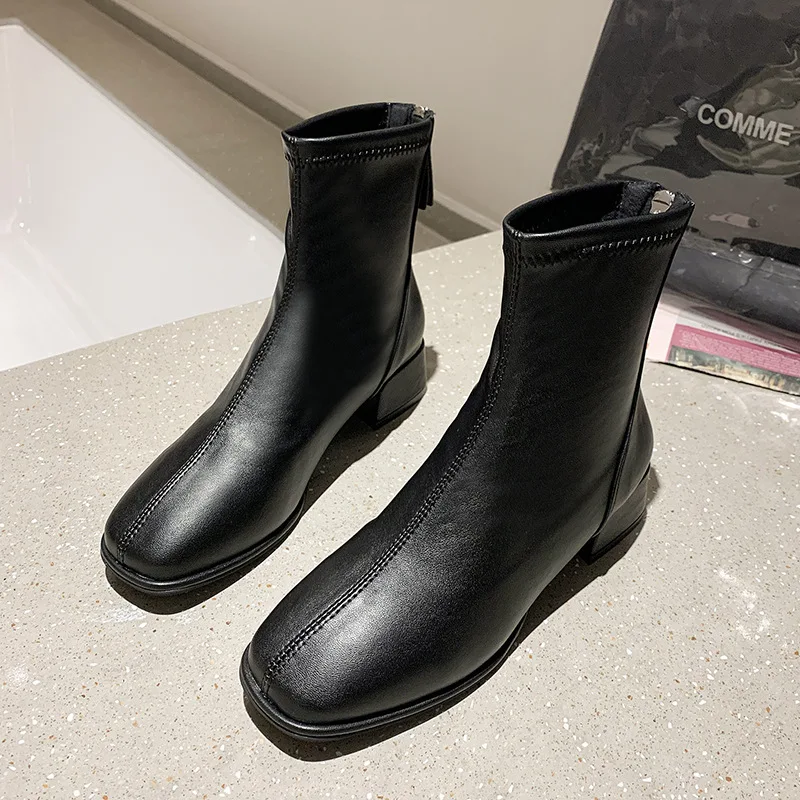 Thick-heeled Soft Leather Thick Short Boots Women's Winter Plus Velvet 2022 Autumn New Mid-heel Small Thin Thin Boots Ins Tide