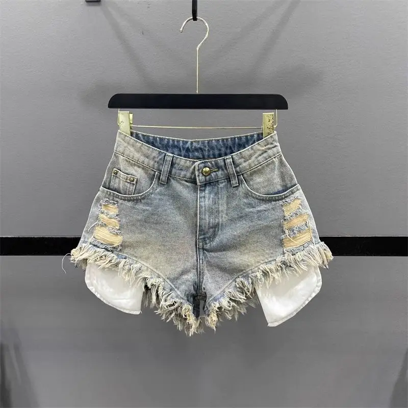 

Spicy Girl's Broken Hole Denim Shorts Women's 2024 Summer High Waist Sexy Tassel A-line Wide Leg Hot Pants Trend