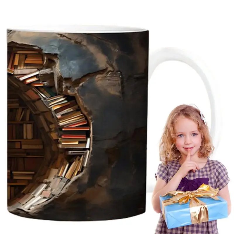 

Coffee Mug For Work 350ml Ceramic Coffee Cup With Handle 3D Bookshelf Flat Color Pattern Book Lover Funny Work Mugs For Home