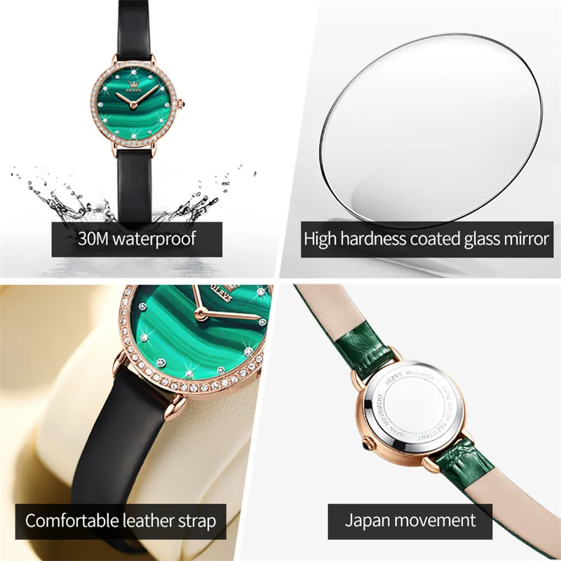 OLEVS Brand Fashion Green Small Dial Quartz Watches Women Luxury Diamond Leather Strap Waterproof Ladies Watch Relogio Feminino