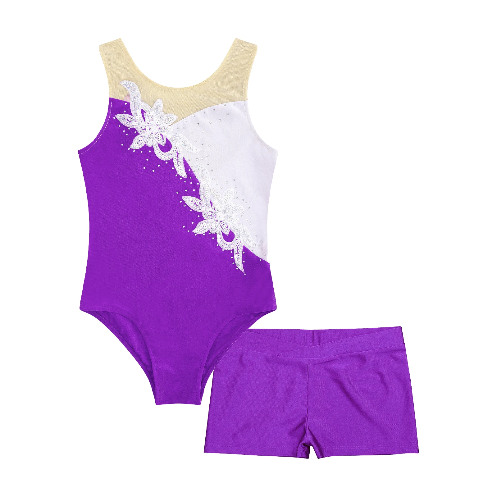 Children Dance Leotards Gymnastics Dancewear Sets Kids Girls Sleeveless Gymnastics Leotard with Shorts Ice Skating Gymnastics Jumpsuit Children Ballet Dance Outfits Dancewear