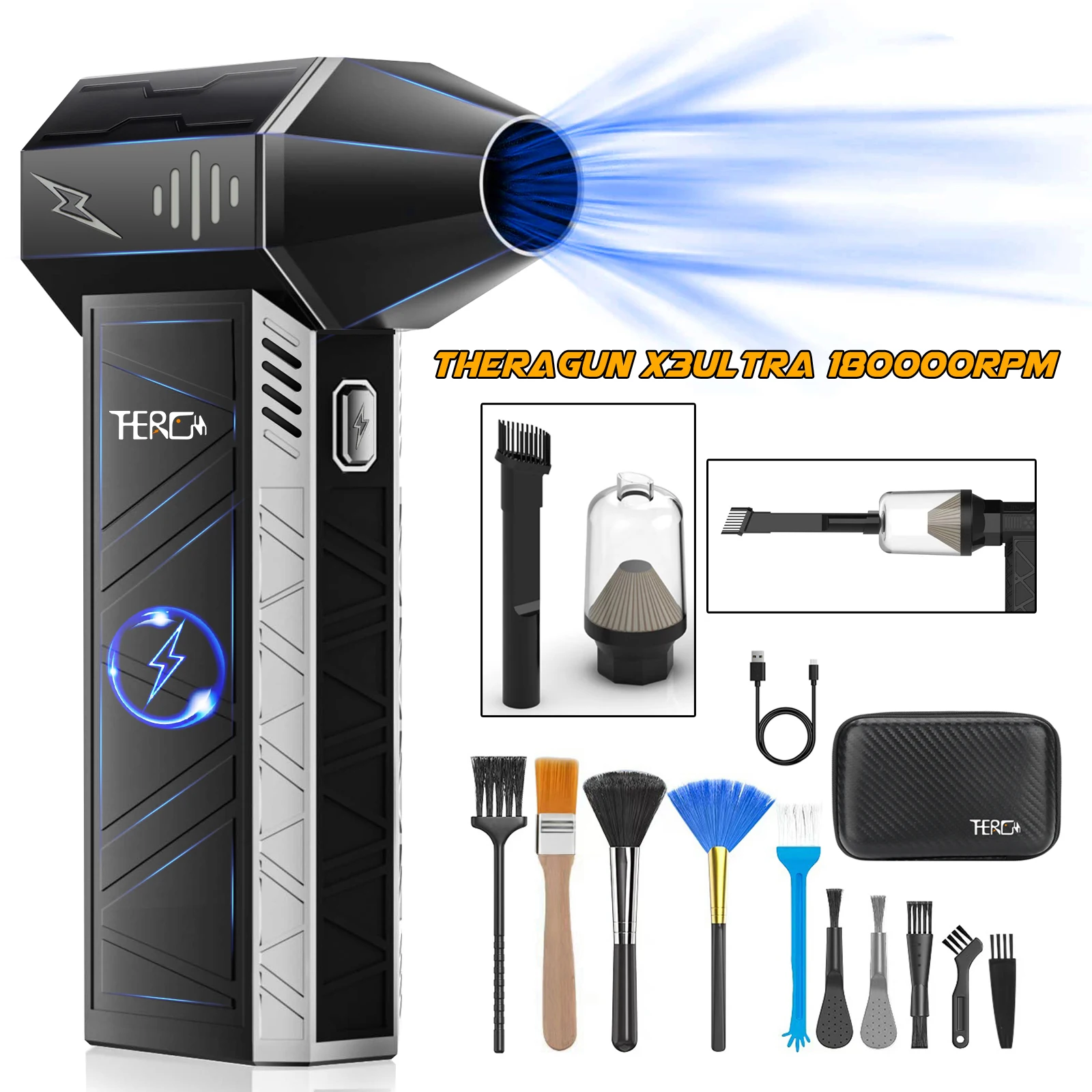 Updated Version X3Ultra Turbo Fan Jet,Mini Handheld 180000RPM Powerful Compressed air Duster(with Cleaning Brush and Vacuum Kit)