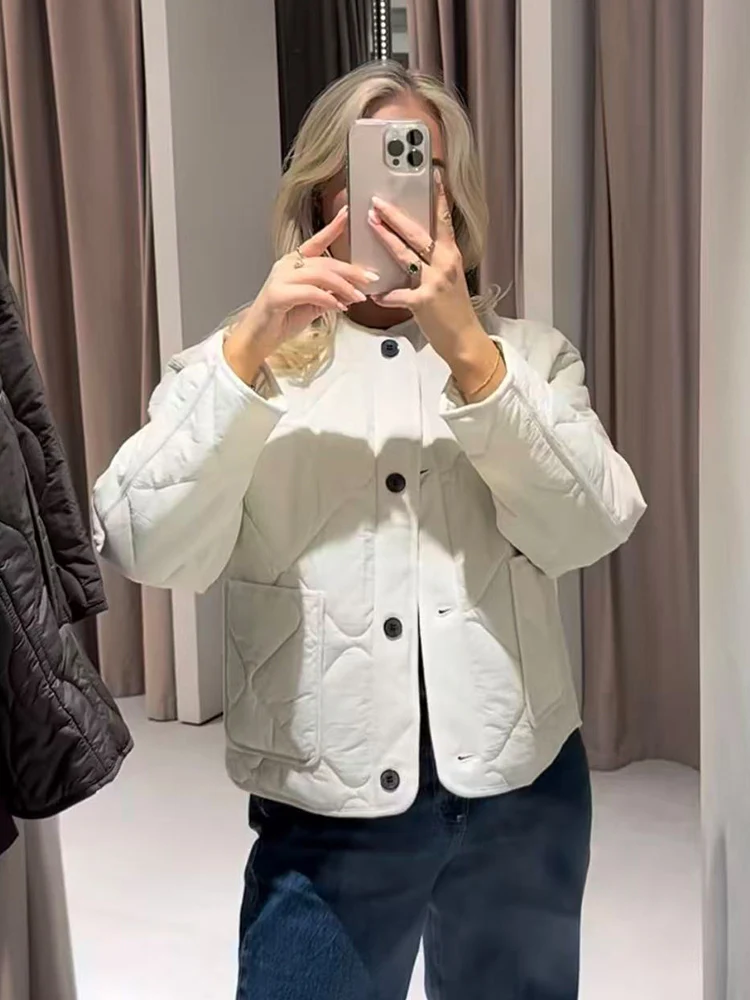 Autumn New Women's Round Collar Quilted Cotton Coats Simple Versatile Long Sleeve Single Breasted Jacket Thin Cotton Coat