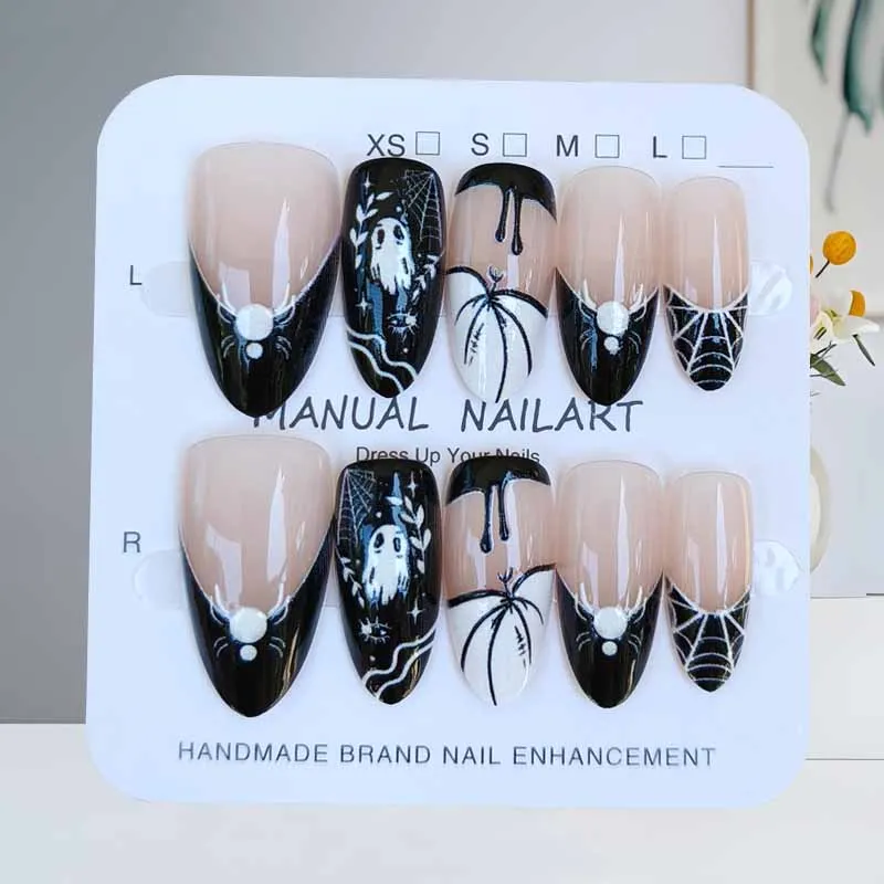 10Pcs Halloween Short Almond Shape Atmosphere Clown Black and White Ghost Spider Press on Nails Nail Patch False Nails Nails Art