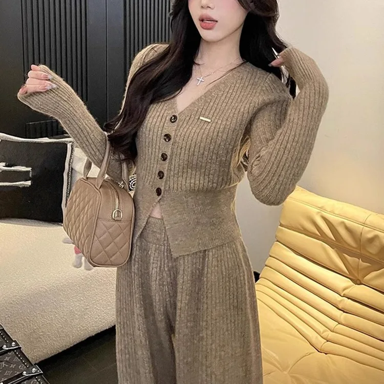 Korean Style Women's Knitted Cardigan Top+pants Set 2024 Spring New V-neck Cardigan+loose Wide Leg Pants Two-piece Set Y2k