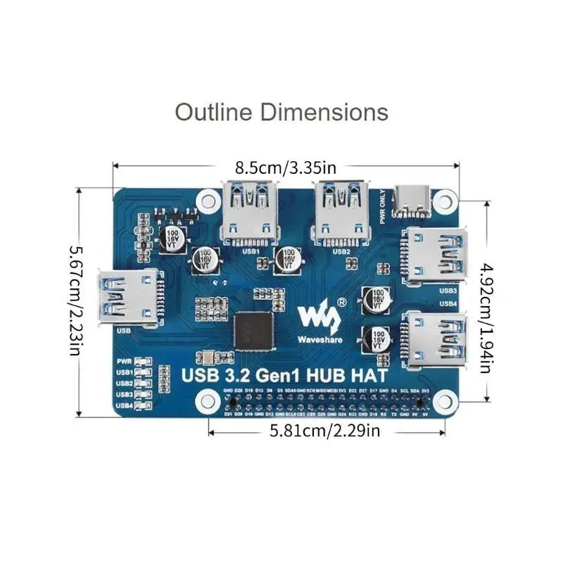 USB 3.2 Gen1 허브 USB-UART 온보드 4 포트 USB 허브 HAT(제로용)