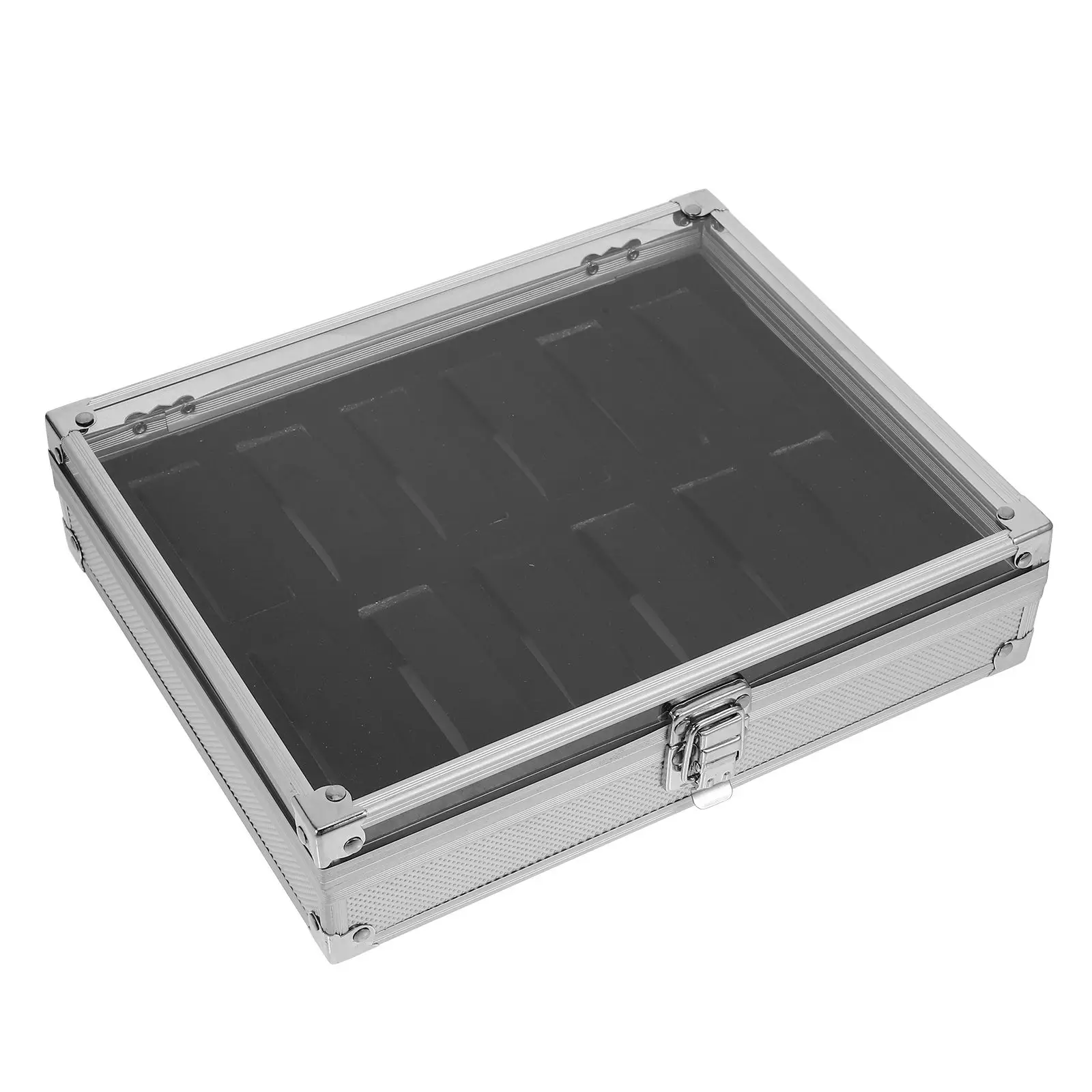 Aluminum Alloy Watch Box Lightweight Durable Transparent Top 12 Grid Slots Foam Lined Dustproof Storage Display Case Watches