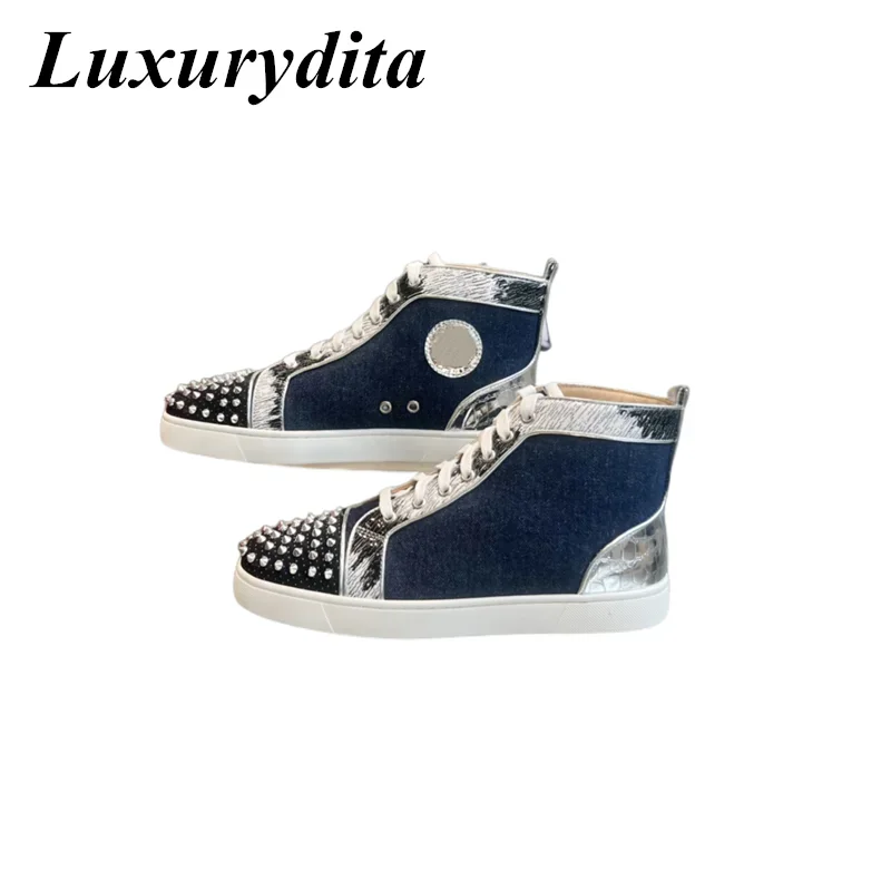 LUXURYDITA Designer Men Casual Sneakers Real Leather Rivet Luxury Womens Tennis Shoes 35-47 Fashion Unisex loafers HJ779